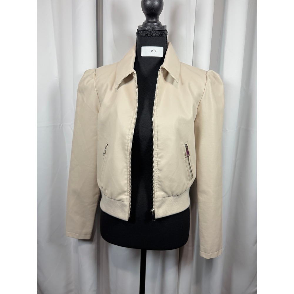 Tahari Womens Faux Leather Puff Shoulder Bomber Jacket Cream Beige Size S
